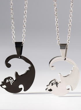 纯银猫咪吊坠情侣拼接项链一对男女异地恋爱学生闺蜜韩版刻字饰品