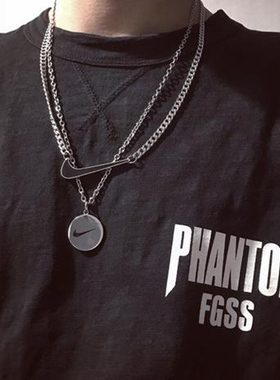 对勾日韩风钛钢叠戴圆牌双层吊坠