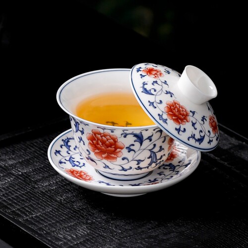 青花瓷三才陶瓷盖碗复古茶碗茶杯高档功夫茶具家用泡茶盖碗 - 图0