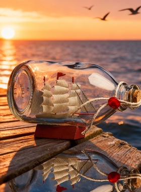 欧式复古玻璃瓶帆船桌面摆件