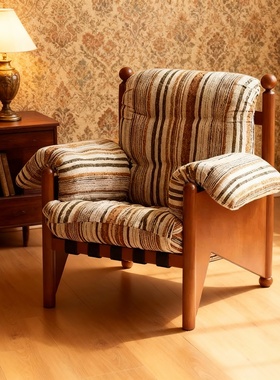 法式复古实木条纹布艺单人沙发椅