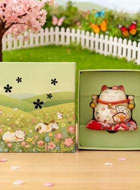 日式陶瓷招财猫手绘礼盒摆件