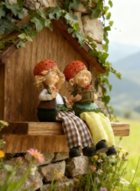 田园树脂人物摆件防水木质底座