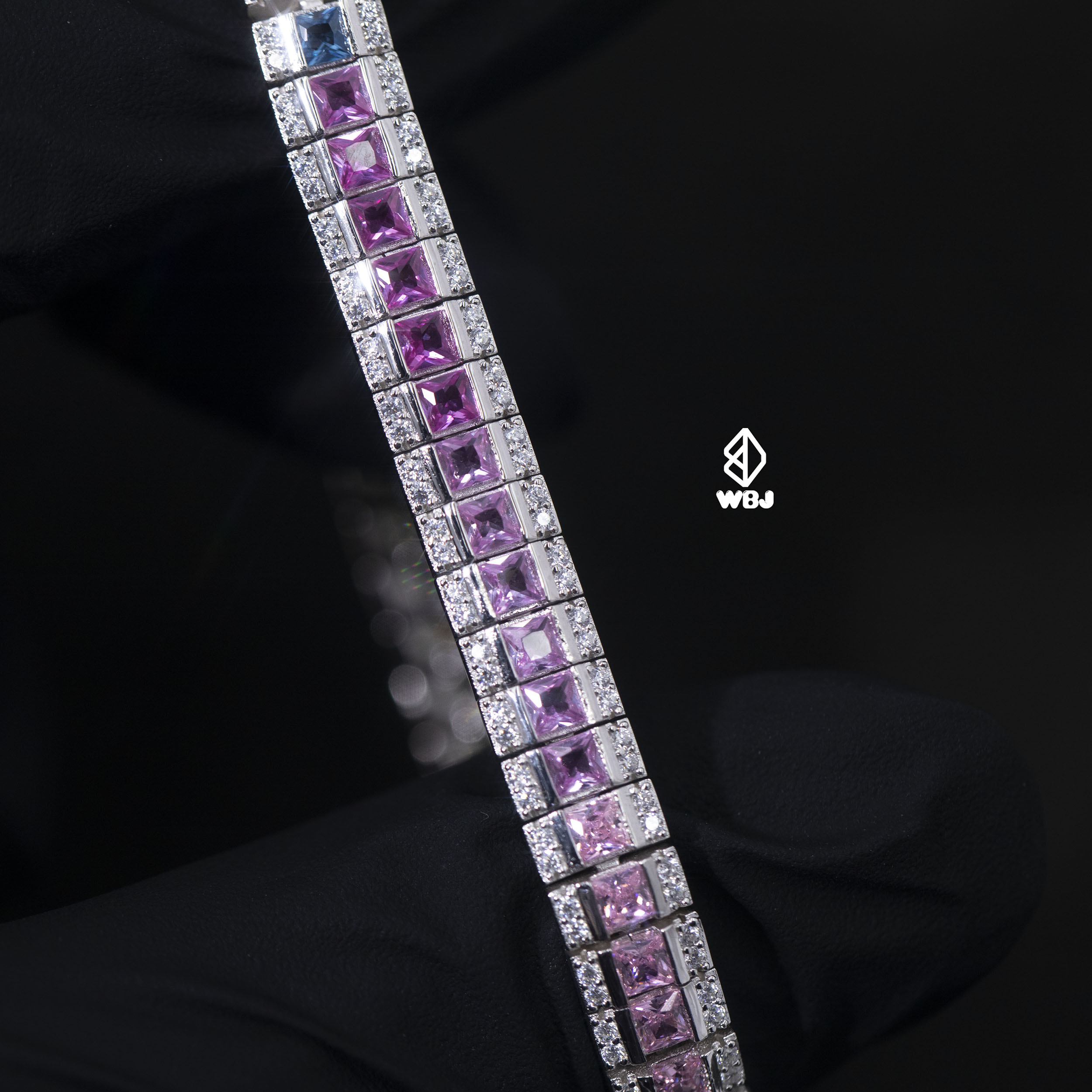 wbj定制珠宝7mmT方彩虹手链 s925 银镀金饰品Tennis bracelet - 图2