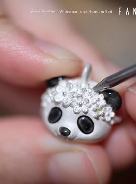 设计师原创花环熊猫可开合长款项链手工烧白工艺冷珐琅S925银礼物