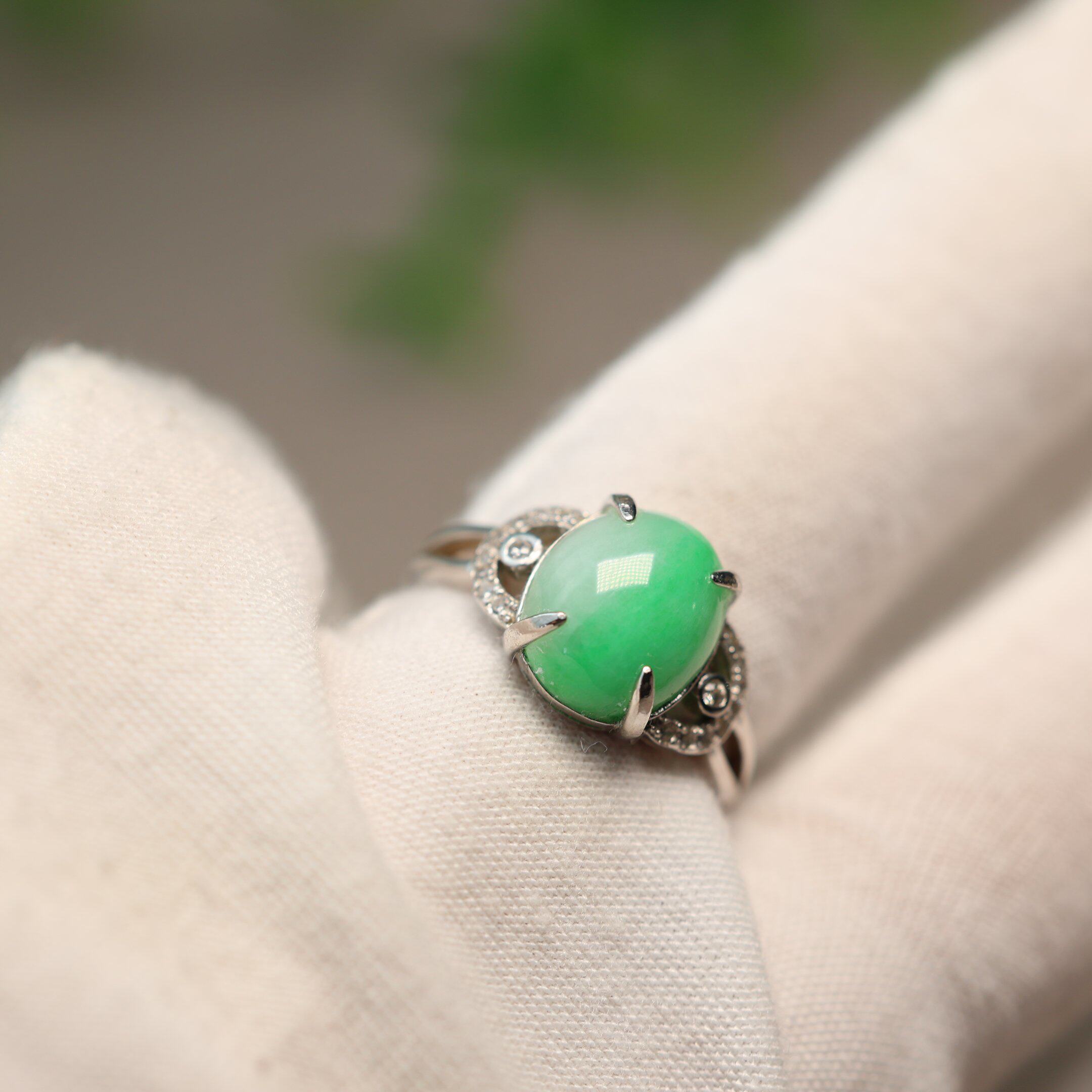 Green Burmese natural grade A jadeite cabochon ring