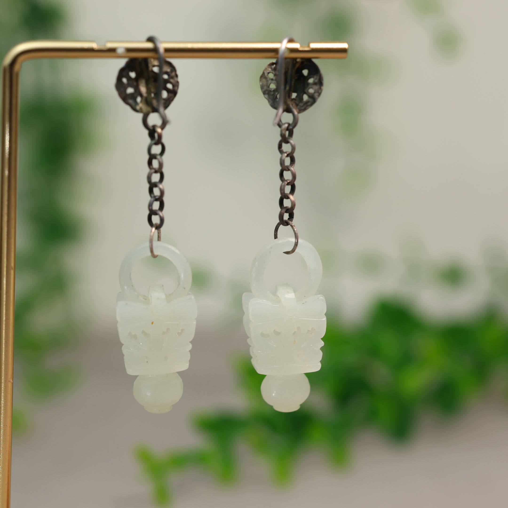 #K343老银烧蓝镶嵌和田白玉镂空花篮耳坠中国古风耳钩款耳饰,淘宝优惠券,粉丝福利购,淘宝优惠卷