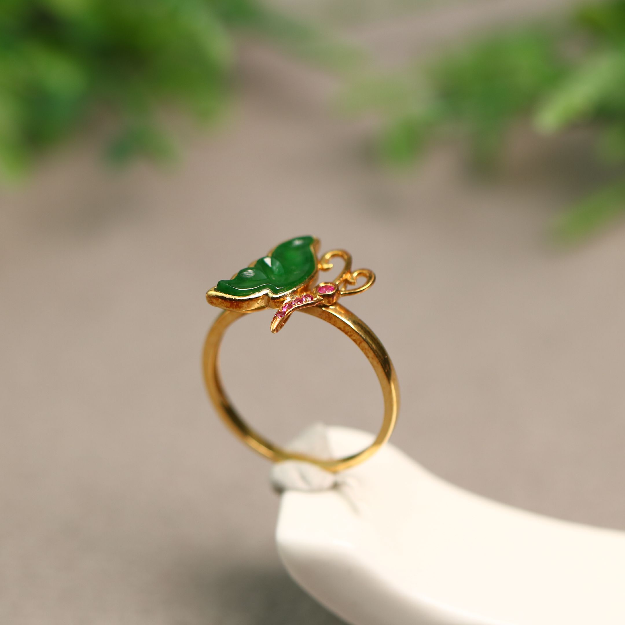 Ice full of green natural grade A jade butterfly ring