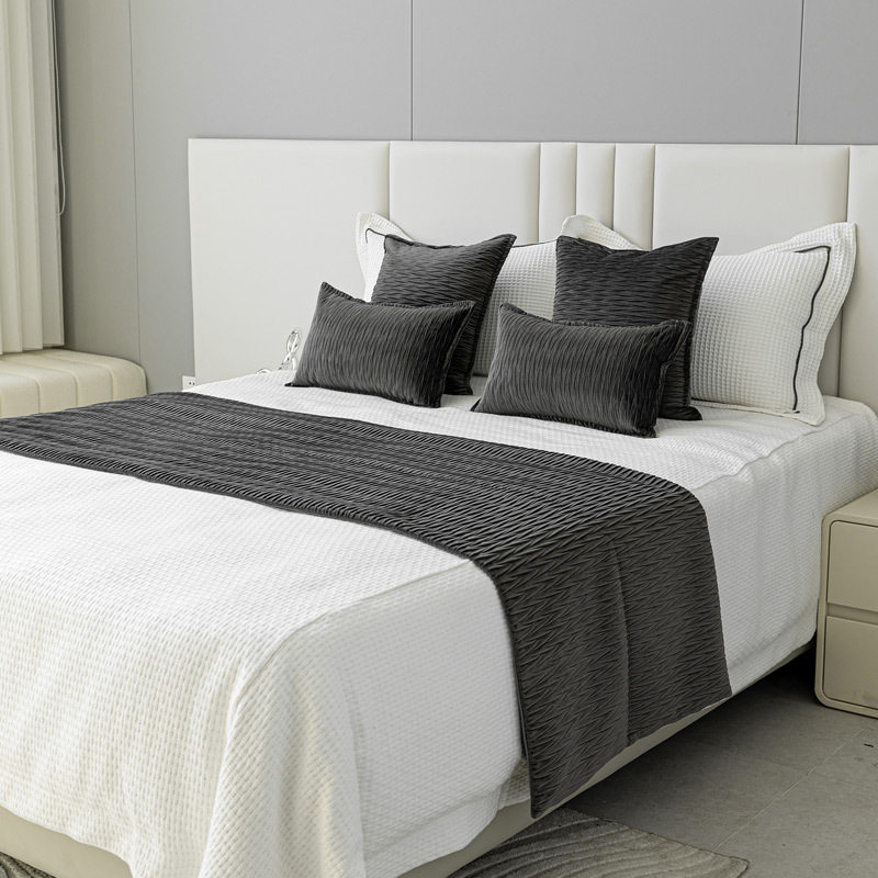 灰色绒面压褶酒店床品套件现代简约样板间床旗床尾巾民宿抱枕,淘宝优惠券,粉丝福利购,淘宝优惠卷