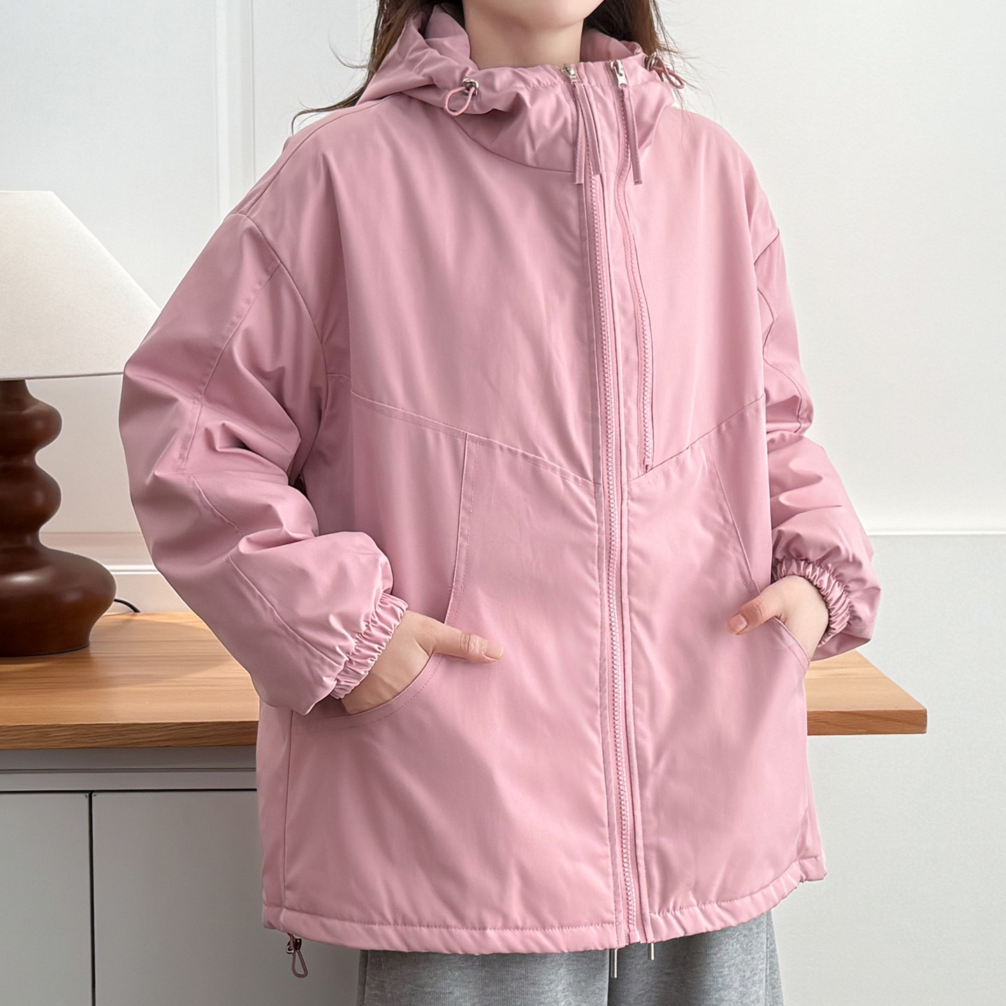 时尚洋气连帽夹棉冲锋衣棉服胖mm百搭拉链外套200斤宽松显瘦上衣,淘宝优惠券,粉丝福利购,淘宝优惠卷