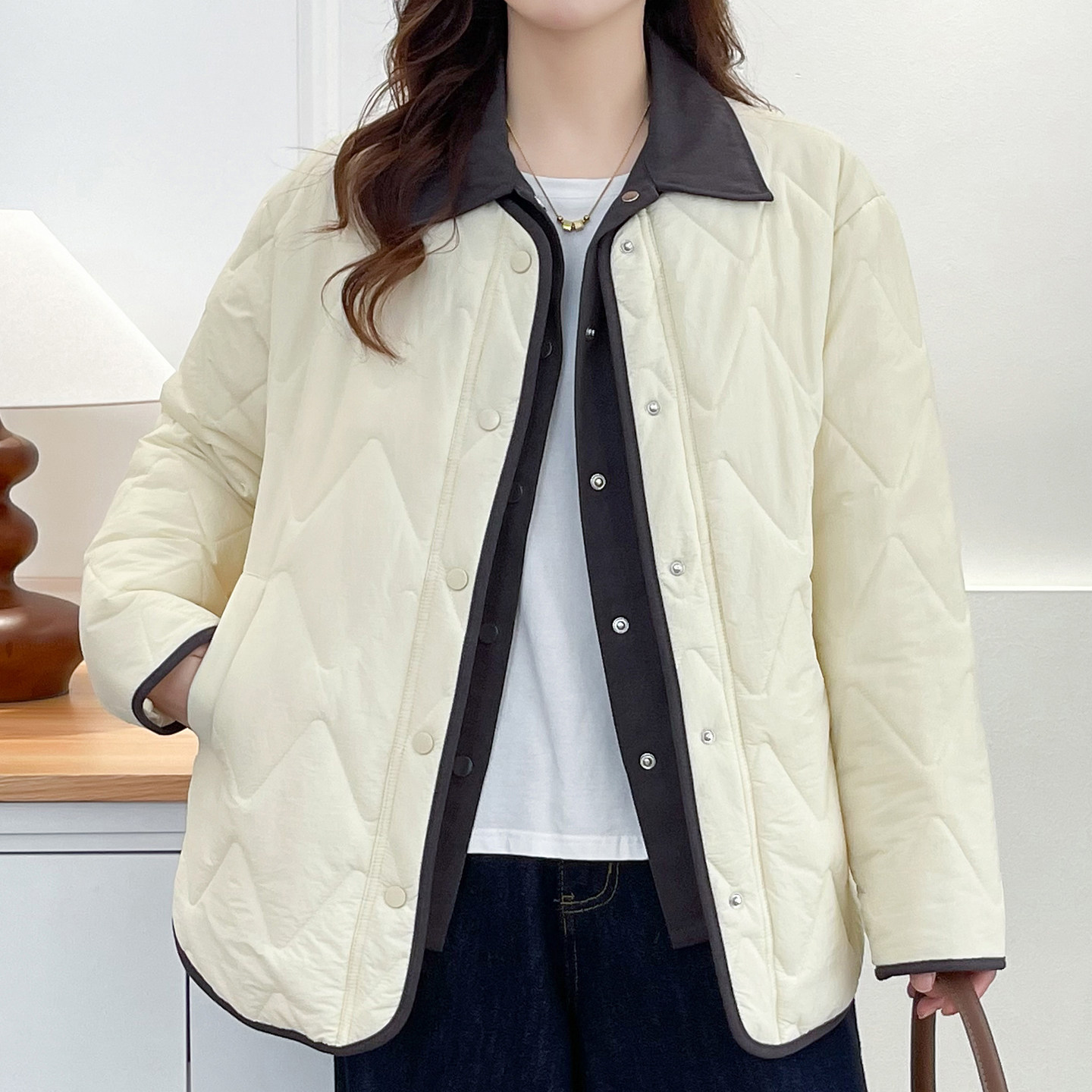 2025时尚洋气秋冬装假两件保暖加厚棉衣胖mm大码小香风遮肉外套韩,淘宝优惠券,粉丝福利购,淘宝优惠卷