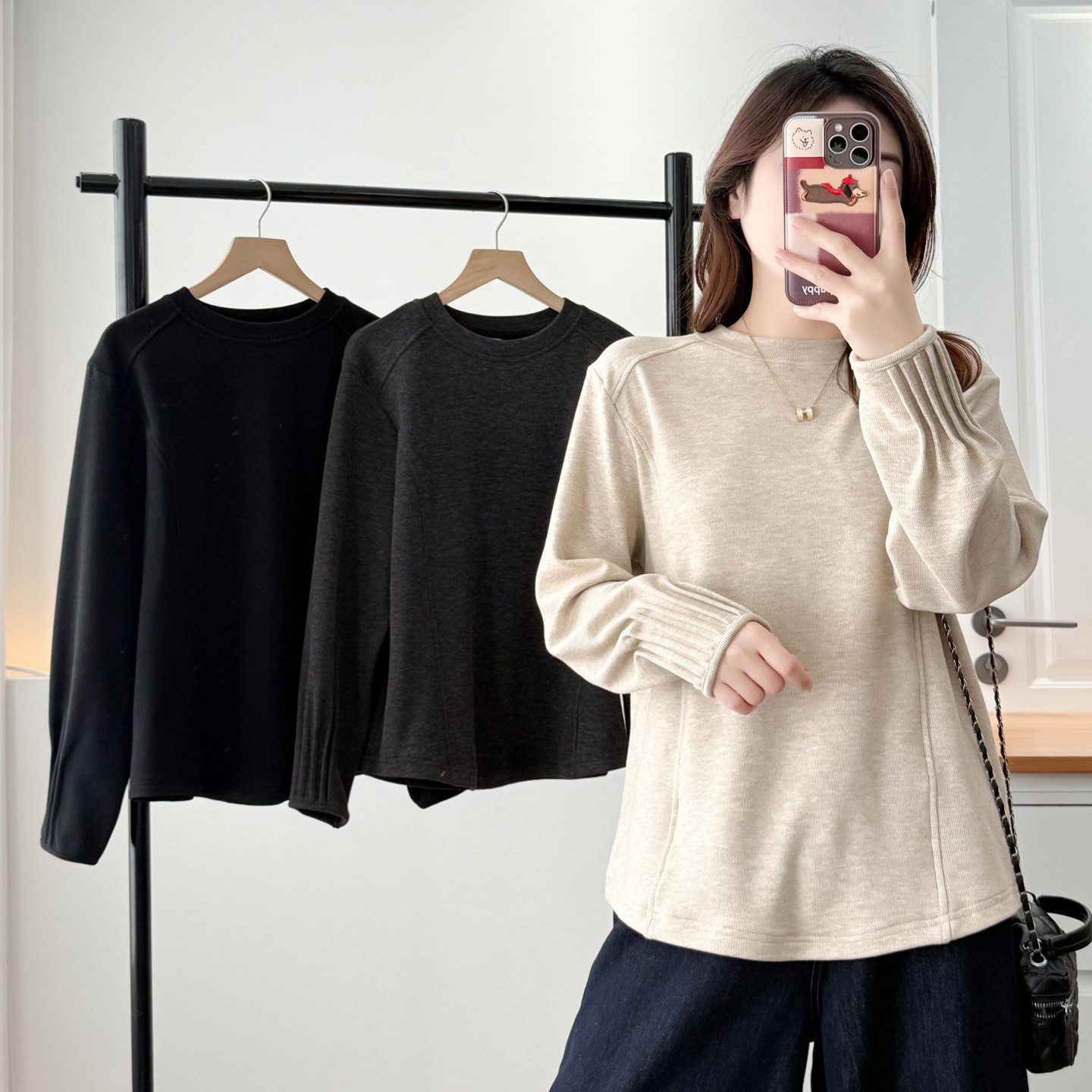 正肩百搭长袖打底衫秋冬半高领大码女装胖mm遮肉显瘦收褶袖口上衣,淘宝优惠券,粉丝福利购,淘宝优惠卷