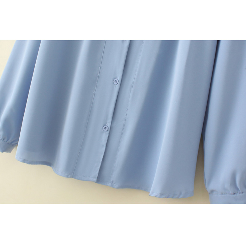 大码女士衬衫设计感小v领长袖衬衣2025秋装新款职业OL通勤蓝上衣 - 图3