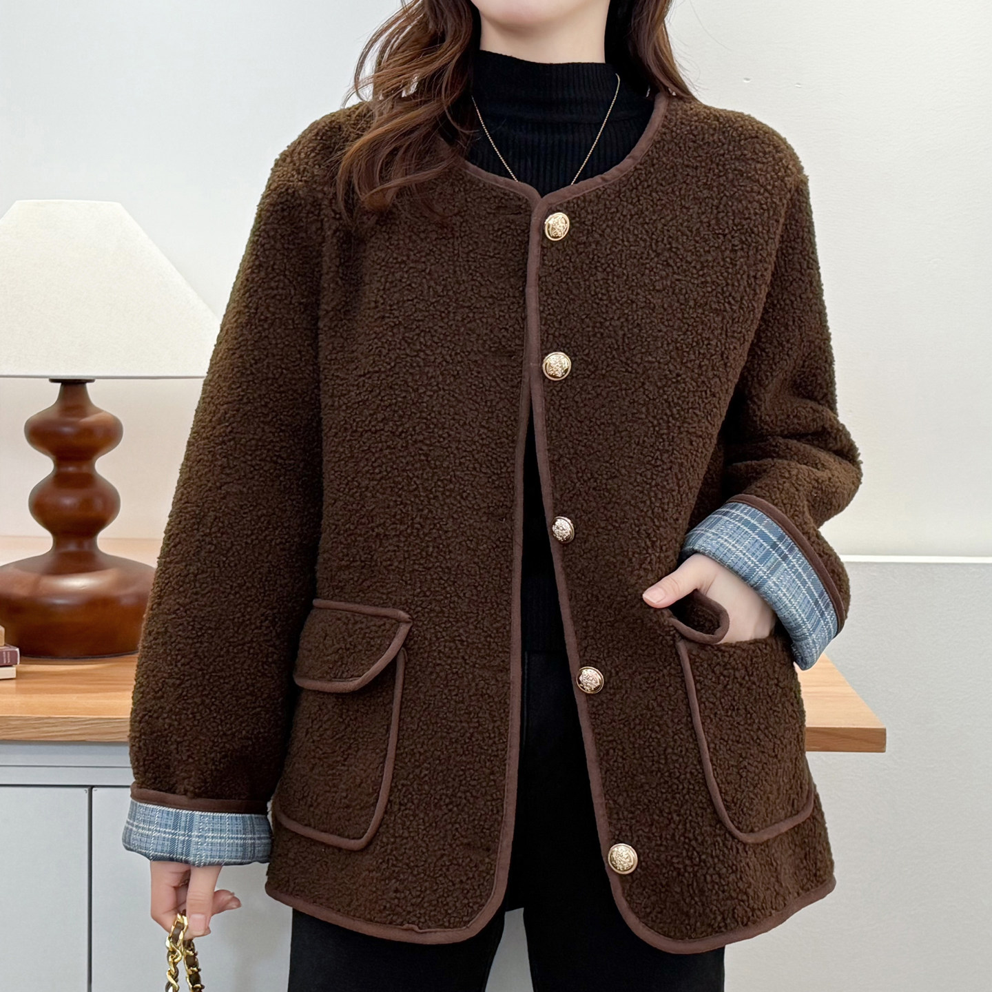 韩系无领羊羔毛外套200斤胖mm大码撞色格子保暖开衫藏肉显瘦棉衣,淘宝优惠券,粉丝福利购,淘宝优惠卷