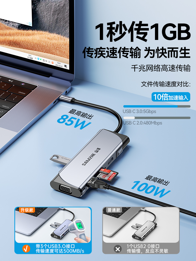 山泽拓展坞typec扩展hdmi转接头usb分线器3适用macbook苹果电脑 - 图1