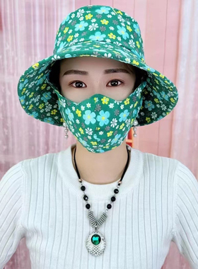 新款防晒口罩帽子一体采茶帽夏季女防晒遮阳帽遮脸防紫外线太阳帽
