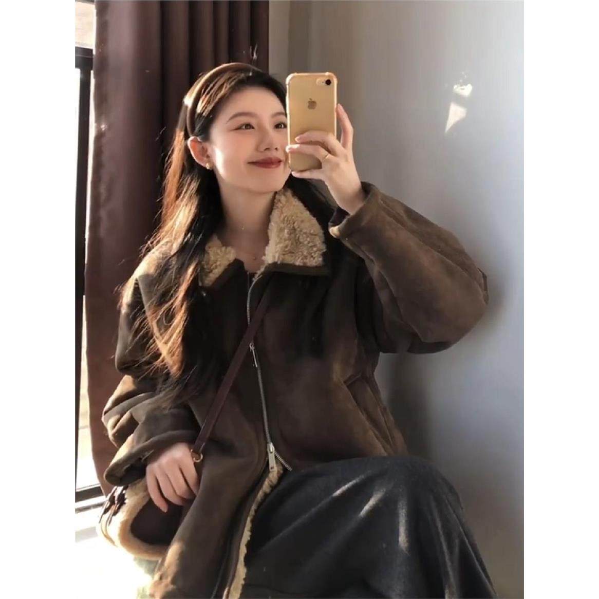 冬季麂皮加厚夹克棉服女2025新款日系覆古宽松加绒保暖羊羔毛外套,淘宝优惠券,粉丝福利购,淘宝优惠卷