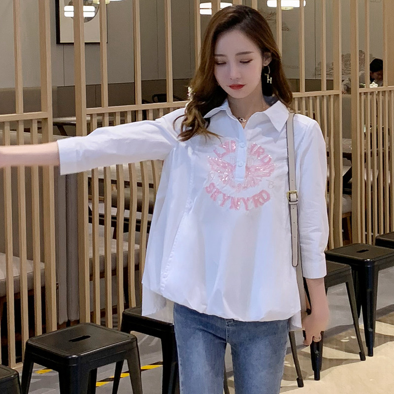 白色夏季七分袖洋气时尚百搭衬衫 乙好衬衫