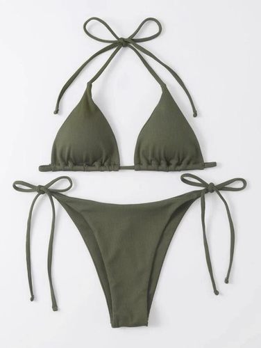 系带挂脖三点式比基尼纯色带胸垫三角包泳装欧美性感丁字裤bikini - 图1