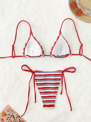 系带挂脖条纹比基尼日系甜美沙滩分体泳衣高级感网红泳装bikini - 图0