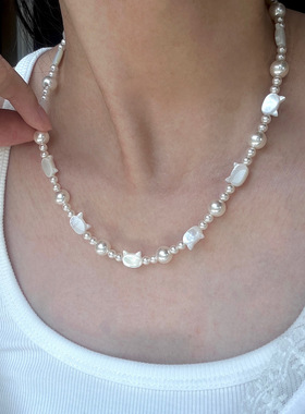 天然猫咪贝母人造珍珠项链轻奢风
