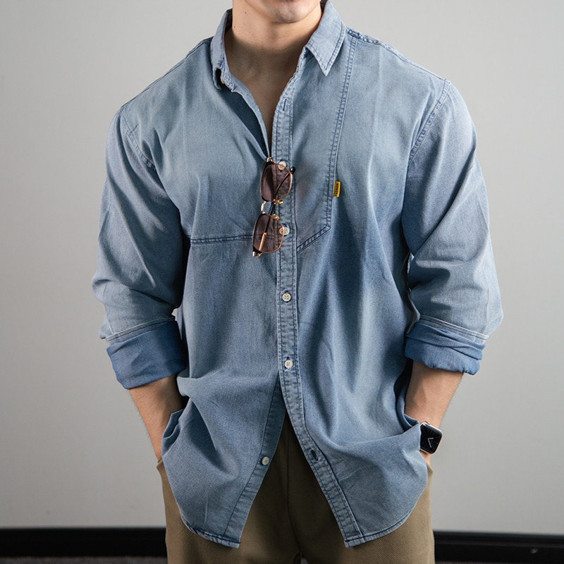 BARBRO牛仔衬衫男式2025秋季纯色男式休闲长袖衬衫男牛仔外套男士,淘宝优惠券,粉丝福利购,淘宝优惠卷