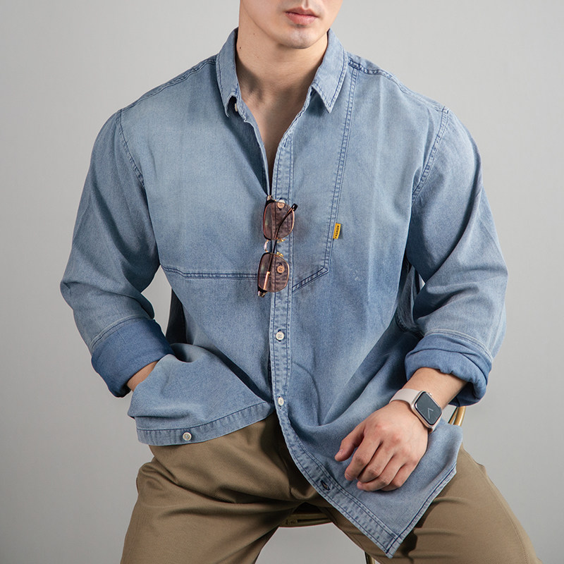 BARBRO牛仔衬衫男式2025秋季纯色男式休闲长袖衬衫男牛仔外套男士,淘宝优惠券,粉丝福利购,淘宝优惠卷
