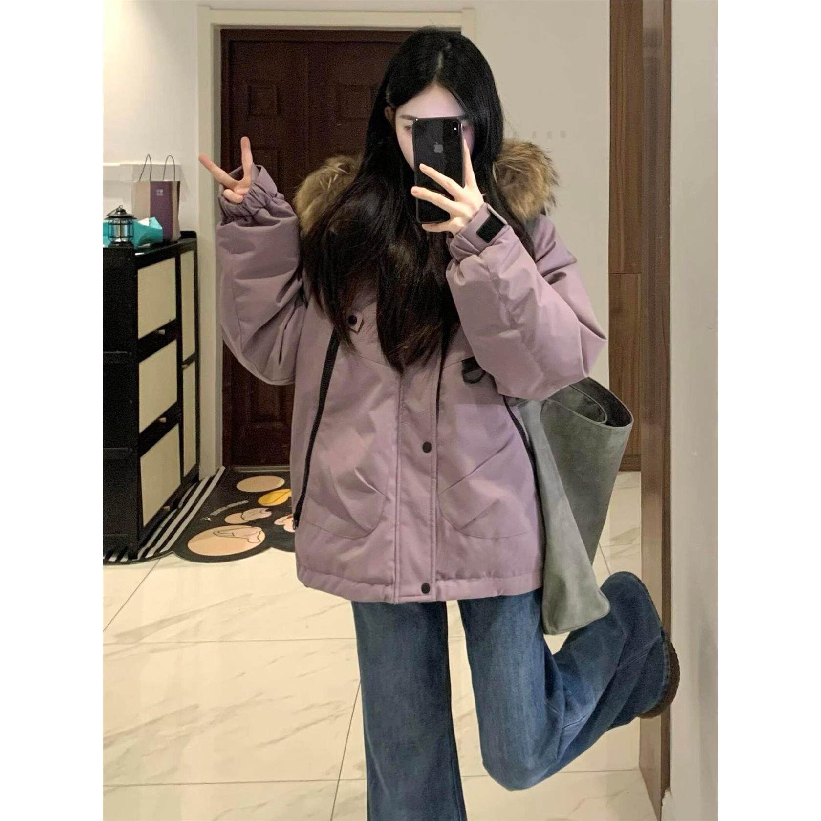 派克服棉服女款2025新款冬季连帽大毛领工装加绒加厚紫色棉衣外套,淘宝优惠券,粉丝福利购,淘宝优惠卷