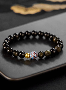 黑曜石手串男士金珠莲花黑色串珠手链女款天然水晶转运招财补水