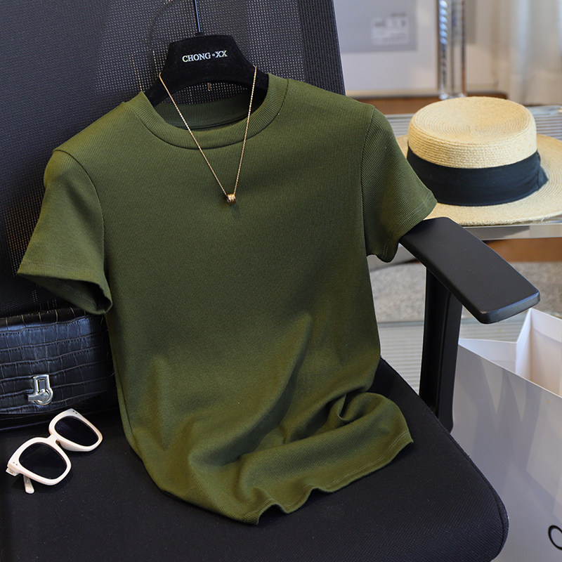 虫小小 BI备纯色螺纹正肩小飞袖T恤修身显瘦打底衫上衣女春夏695B - 图1