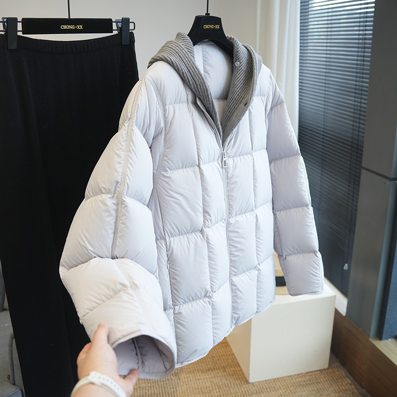 可拆卸针织连帽！90白鸭绒方格宽松假两件羽绒服女短款外套冬A90F,淘宝优惠券,粉丝福利购,淘宝优惠卷