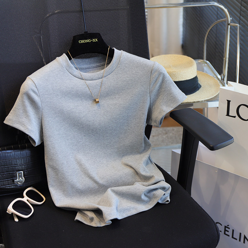 虫小小 BI备纯色螺纹正肩小飞袖T恤修身显瘦打底衫上衣女春夏695B - 图0