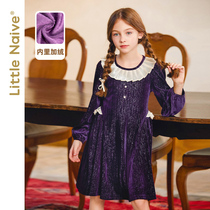 LittleNave Children Plus Suede Dress Dresses Autumn Winter New Shiny Velvet Skirt Organ Collar Girl Princess Dress