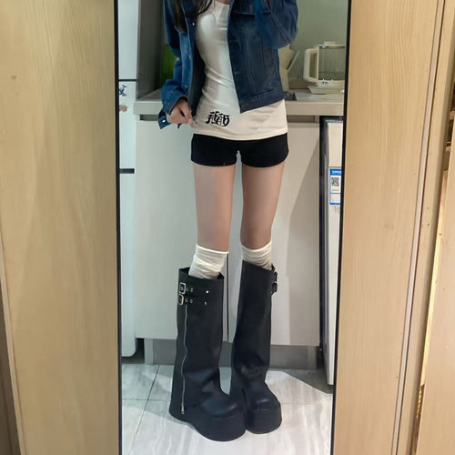 裤管靴子女胖mm粗腿大筒围夏季厚底增高西部长靴小个子长筒堆堆靴 - 图2