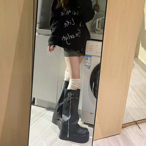 裤管靴子女胖mm粗腿大筒围夏季厚底增高西部长靴小个子长筒堆堆靴 - 图3