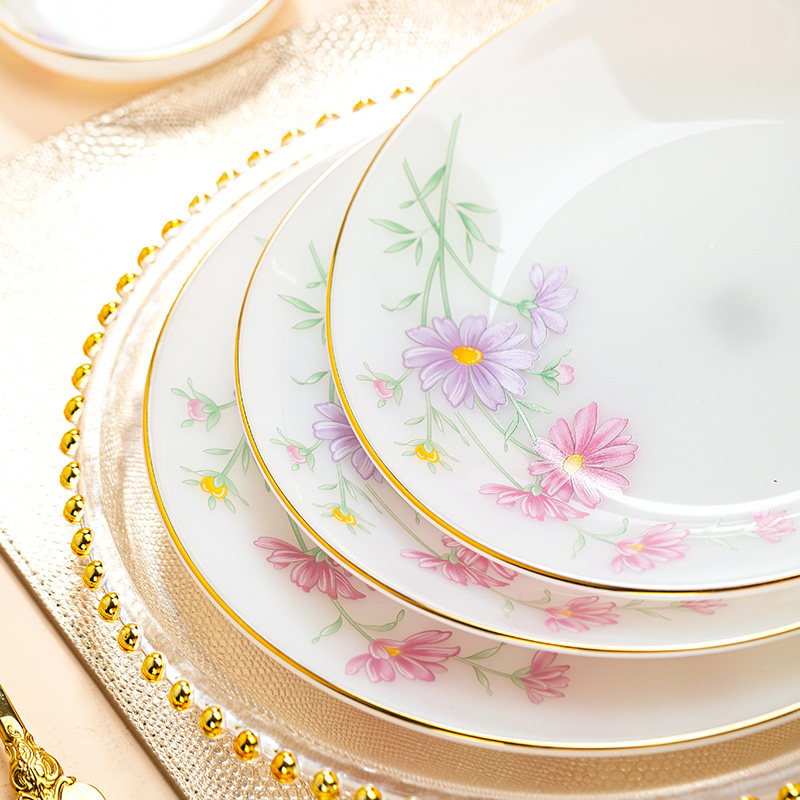 景德镇碗碟套装家用组合高档玉瓷描金小雏菊轻奢陶瓷碗盘碗筷餐具,淘宝优惠券,粉丝福利购,淘宝优惠卷