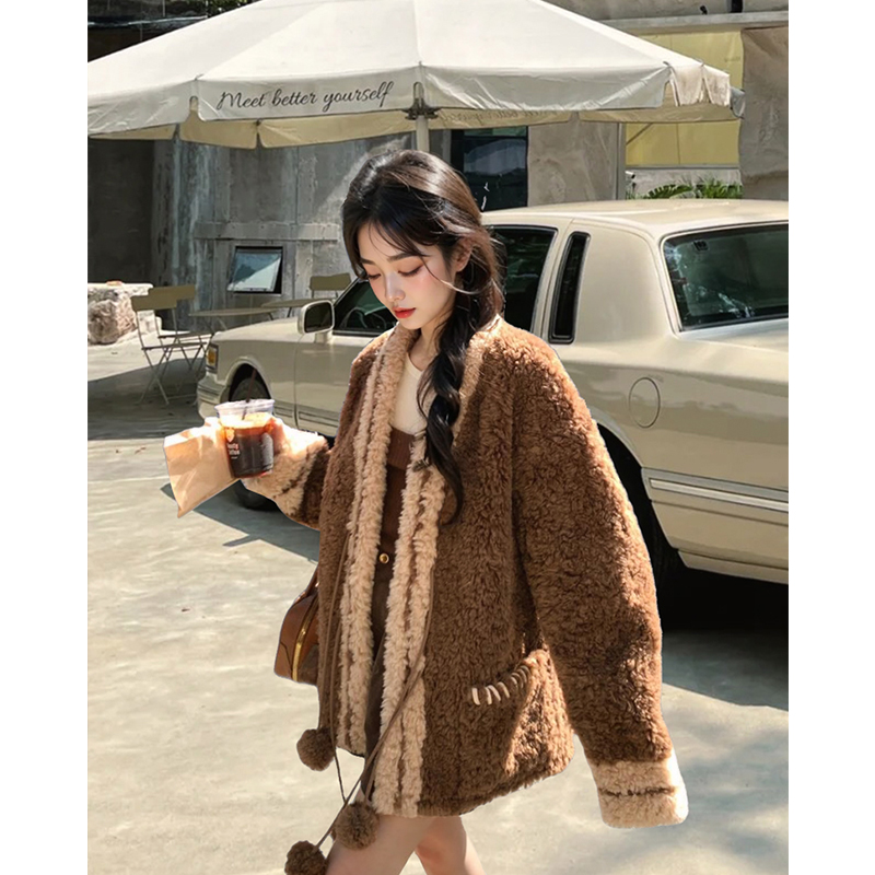 『奶球学姐』学院风毛茸茸厚外套女新款宽松慵懒女外套秋冬款上衣 - 图1