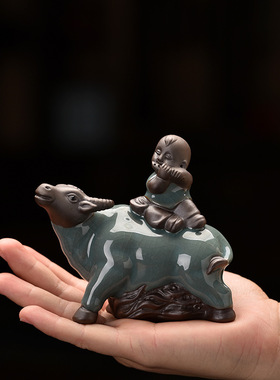 哥窑陶瓷牧童小摆件家居茶