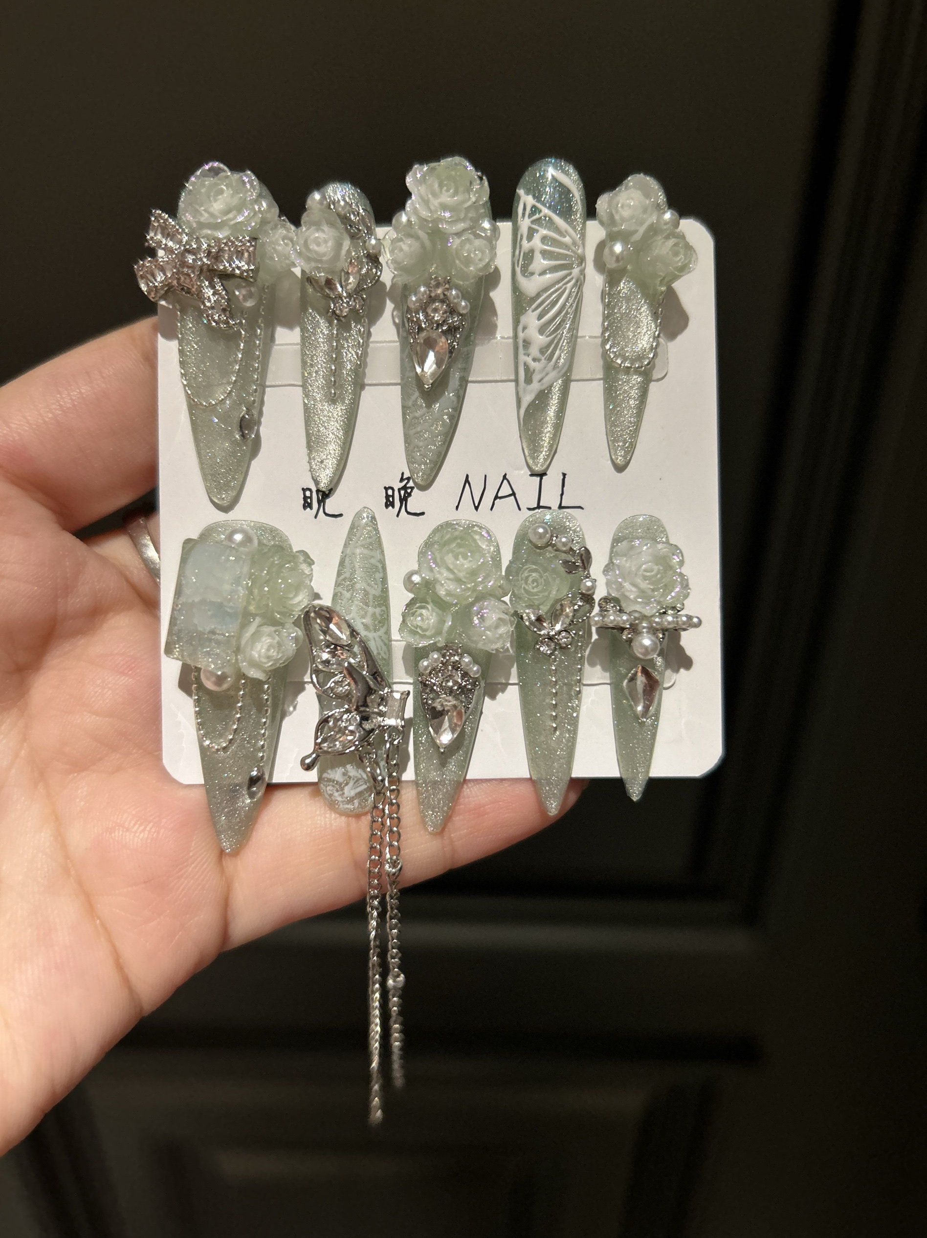 浅碟 手绘蝴蝶猫眼纯手工手工定制美甲 奢华满钻  长水滴穿戴甲,淘宝优惠券,粉丝福利购,淘宝优惠卷