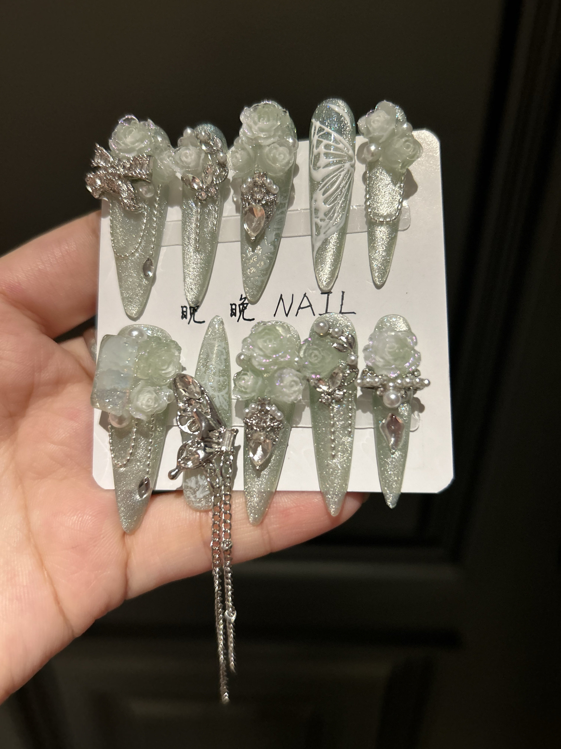 浅碟 手绘蝴蝶猫眼纯手工手工定制美甲 奢华满钻  长水滴穿戴甲,淘宝优惠券,粉丝福利购,淘宝优惠卷