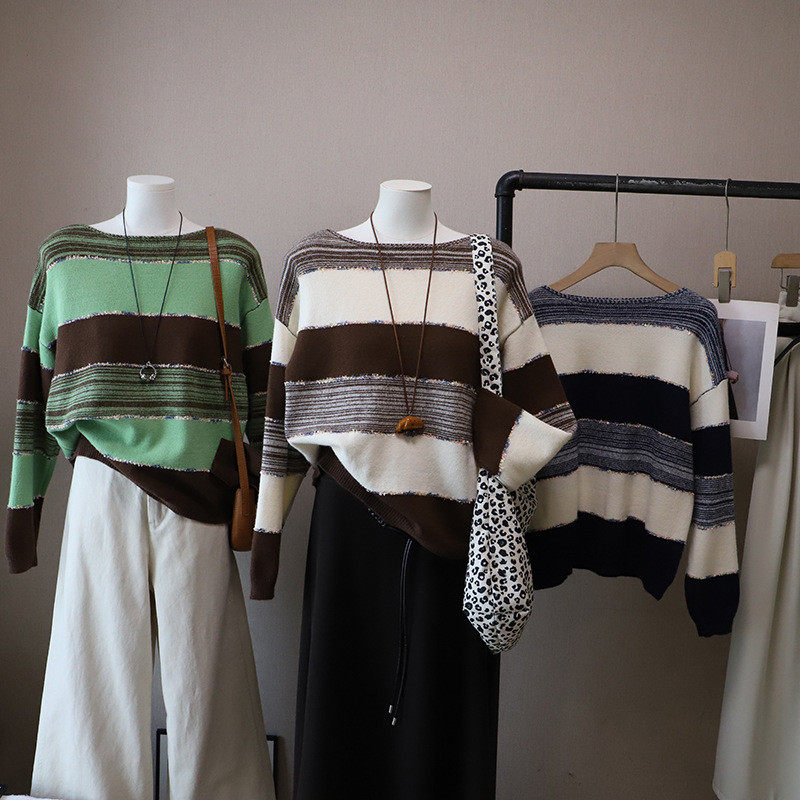 2026秋季新款韩版时尚减龄拼色条纹百搭显瘦套头毛衣女,淘宝优惠券,粉丝福利购,淘宝优惠卷