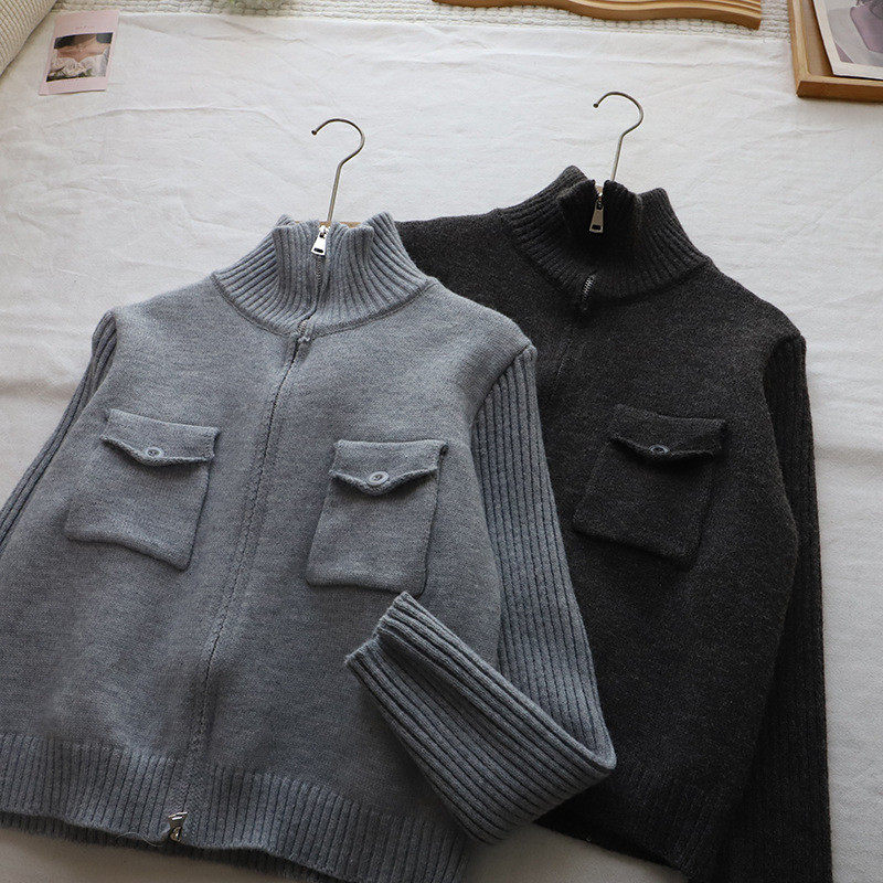 2026秋冬新款韩版显瘦百搭工装短款双拉链开衫女式毛衣,淘宝优惠券,粉丝福利购,淘宝优惠卷