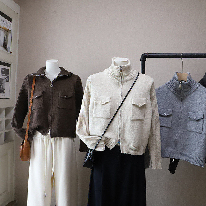 2026秋冬新款韩版显瘦百搭工装短款双拉链开衫女式毛衣,淘宝优惠券,粉丝福利购,淘宝优惠卷