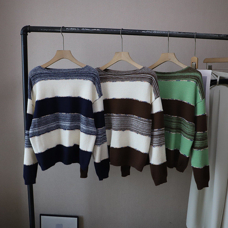 2026秋季新款韩版时尚减龄拼色条纹百搭显瘦套头毛衣女,淘宝优惠券,粉丝福利购,淘宝优惠卷