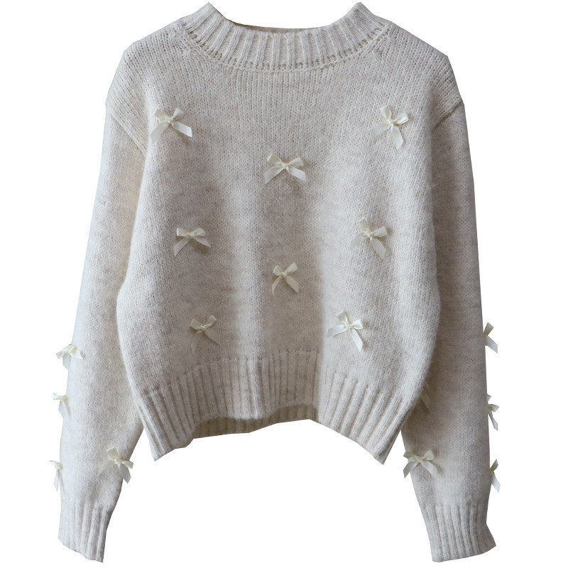 2026秋冬新款韩版圆领蝴蝶结小个子短款百搭套头毛衣女,淘宝优惠券,粉丝福利购,淘宝优惠卷