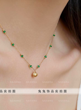 钛钢钛钢女复古贝壳绿珠轻奢项链