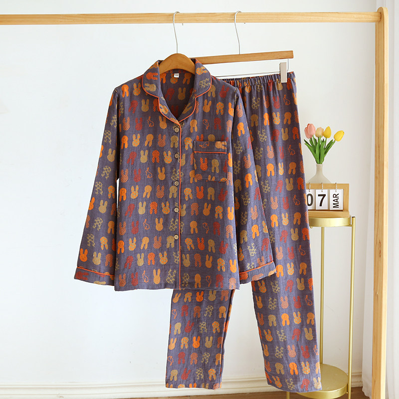 复古卡通睡衣男女纯棉纱薄日系翻领长袖长裤情侣家居睡眠服可外穿,淘宝优惠券,粉丝福利购,淘宝优惠卷