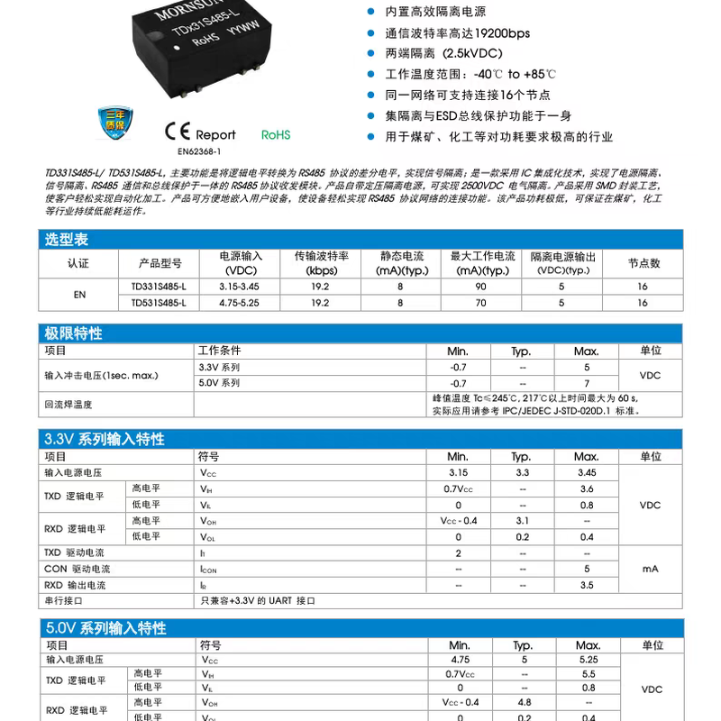 TD331S485-L/TD531S485-L金升阳SMD单路高速 RS485隔离收发模块 - 图0