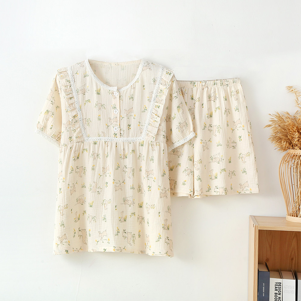 日系清新女款夏季短袖短裤睡衣全棉双层绉纱布圆领卡通家居服套装,淘宝优惠券,粉丝福利购,淘宝优惠卷