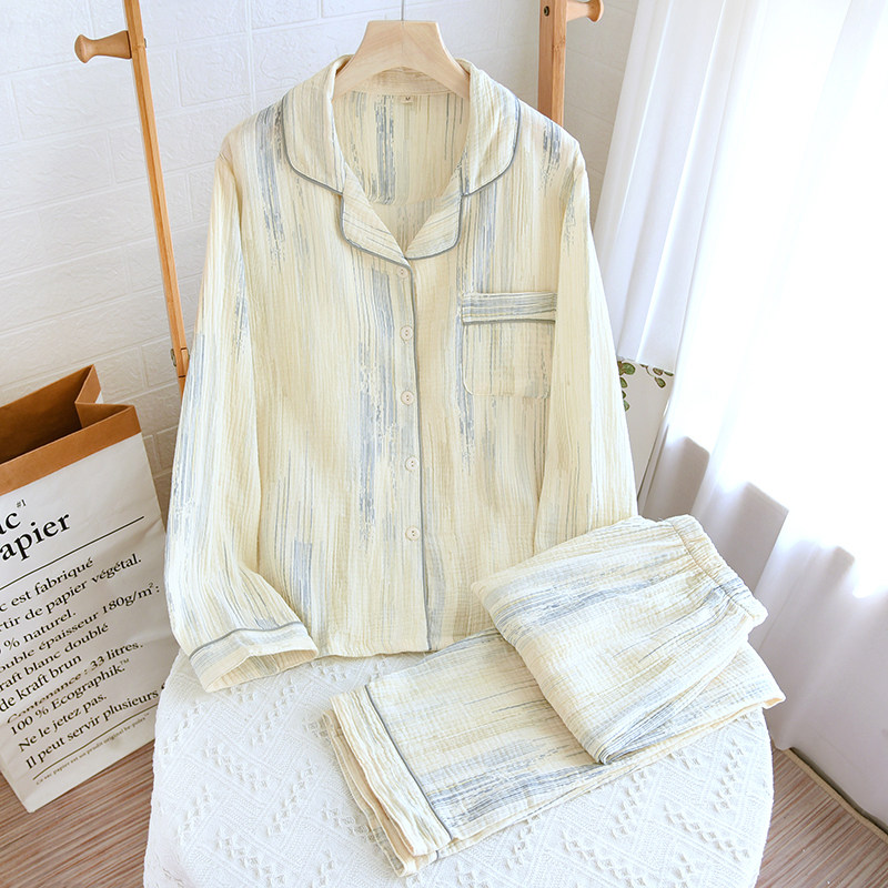 婴儿棉纱布情侣睡衣女士春秋季薄款纯棉男翻领宽松长袖家居服套装,淘宝优惠券,粉丝福利购,淘宝优惠卷